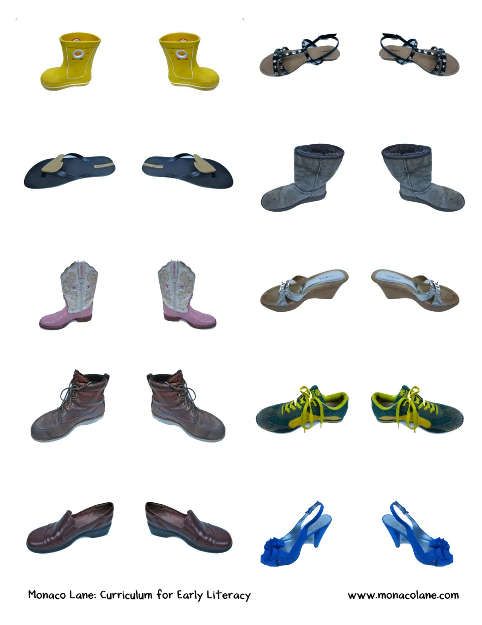 Shoe matching cards: photos of 10 pairs of shoes, from yellow rain boots to blue heels, to cut apart for a memory game