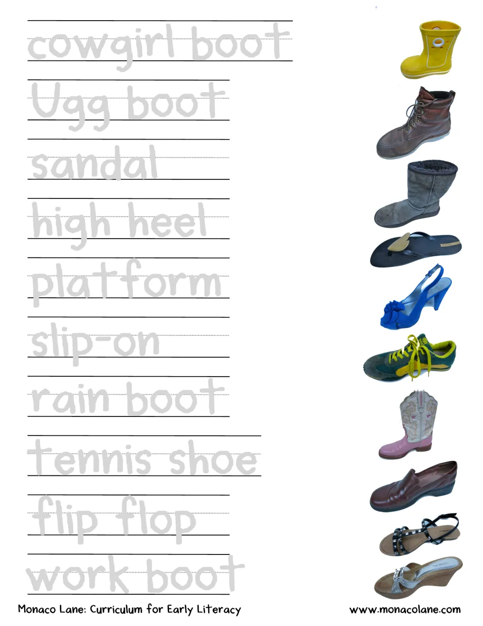 Shoe styles: children trace 10 gray shoe words, such as cowgirl boot and flip flop, and draw lines to the matching photos