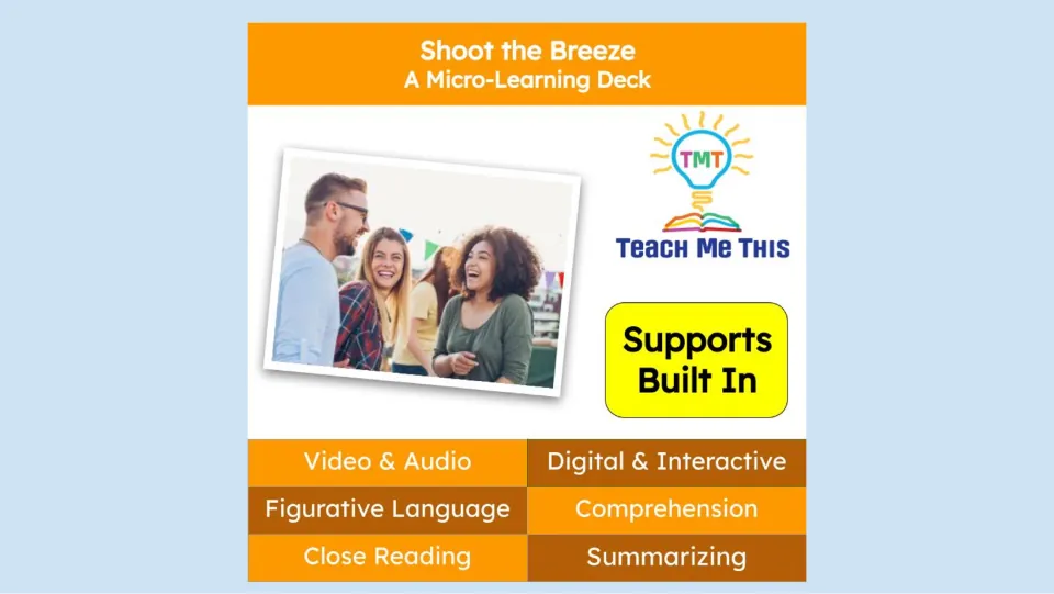Micro-learning deck cover highlighting video, audio, figurative language, close reading, and summarizing