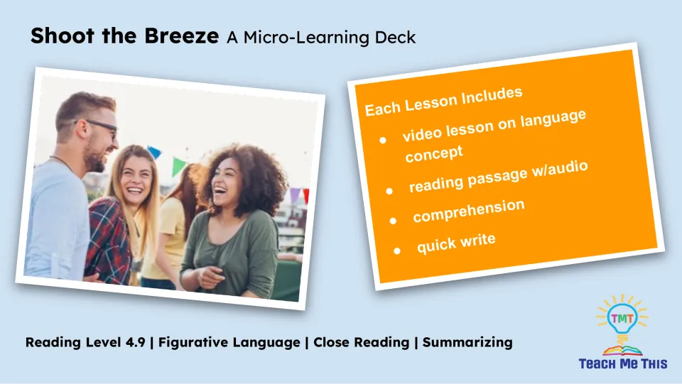 Lesson overview listing a language concept video, reading passage with audio, comprehension, and quick write