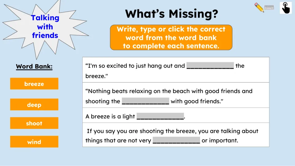 Missing-word practice uses breeze, deep, shoot, and wind to complete four sentences from the reading passage