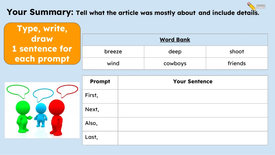 Summary activity asks for one sentence each using First, Next, Also, and Last, supported by a six-word bank