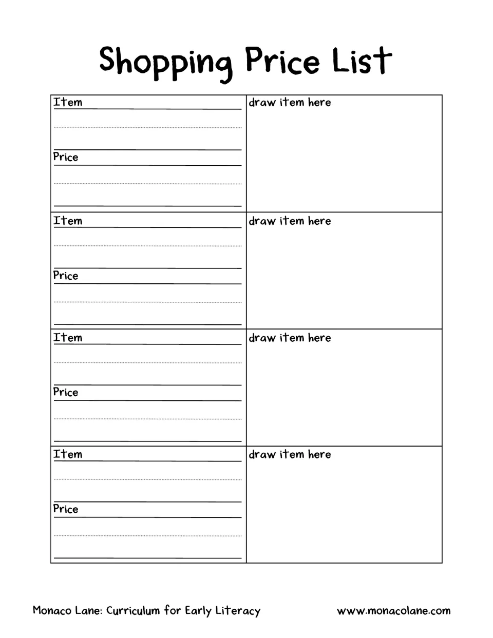 Shopping Price List recording sheet asks children to name, price, and draw each of four shopping items.