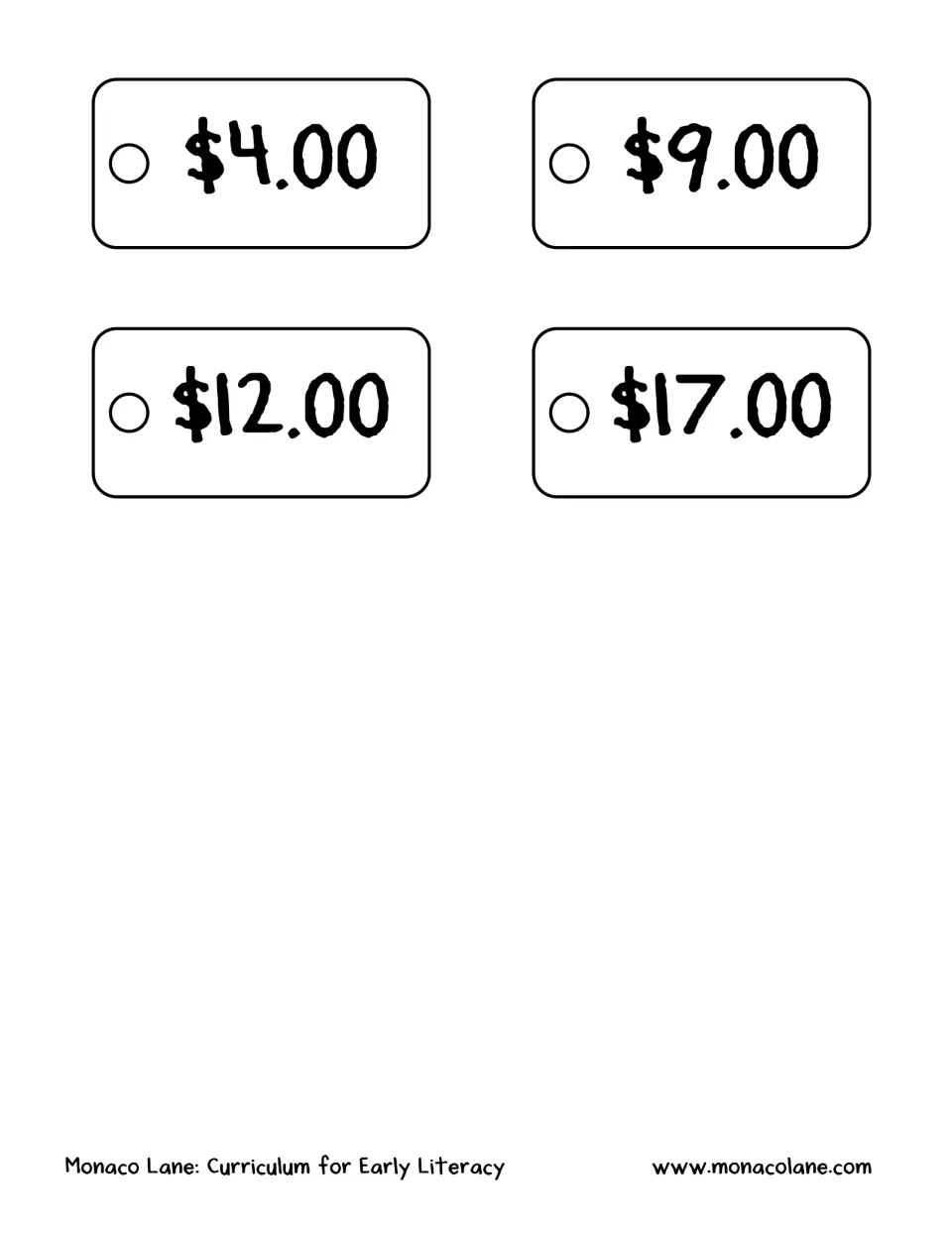 Four cutout price tags marked $4.00, $9.00, $12.00, and $17.00 label the shopping kit’s four pretend purchases.