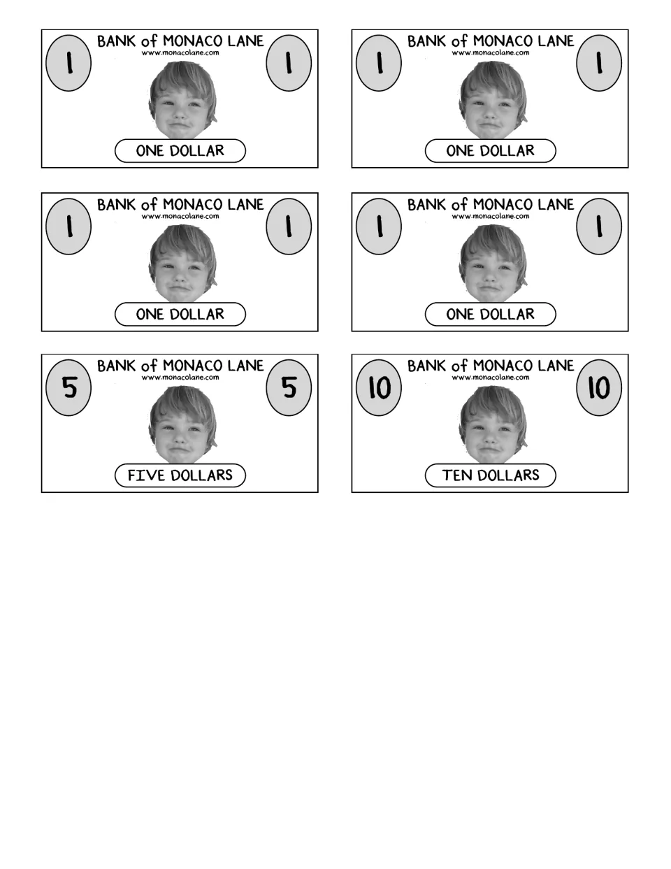 Six cutout pretend bills for shopping activities: four one-dollar bills, one five-dollar bill, and one ten.