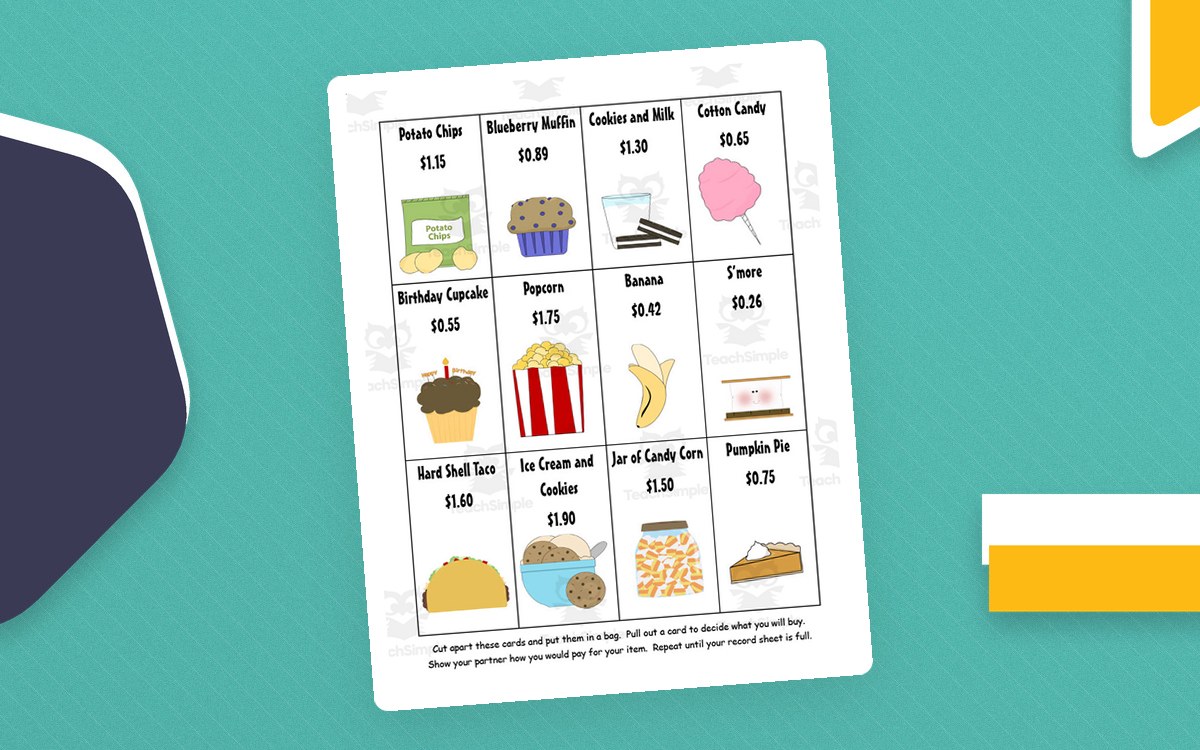 Shopping for Snacks activity page with illustrated food cards and prices arranged in a four-column grid.