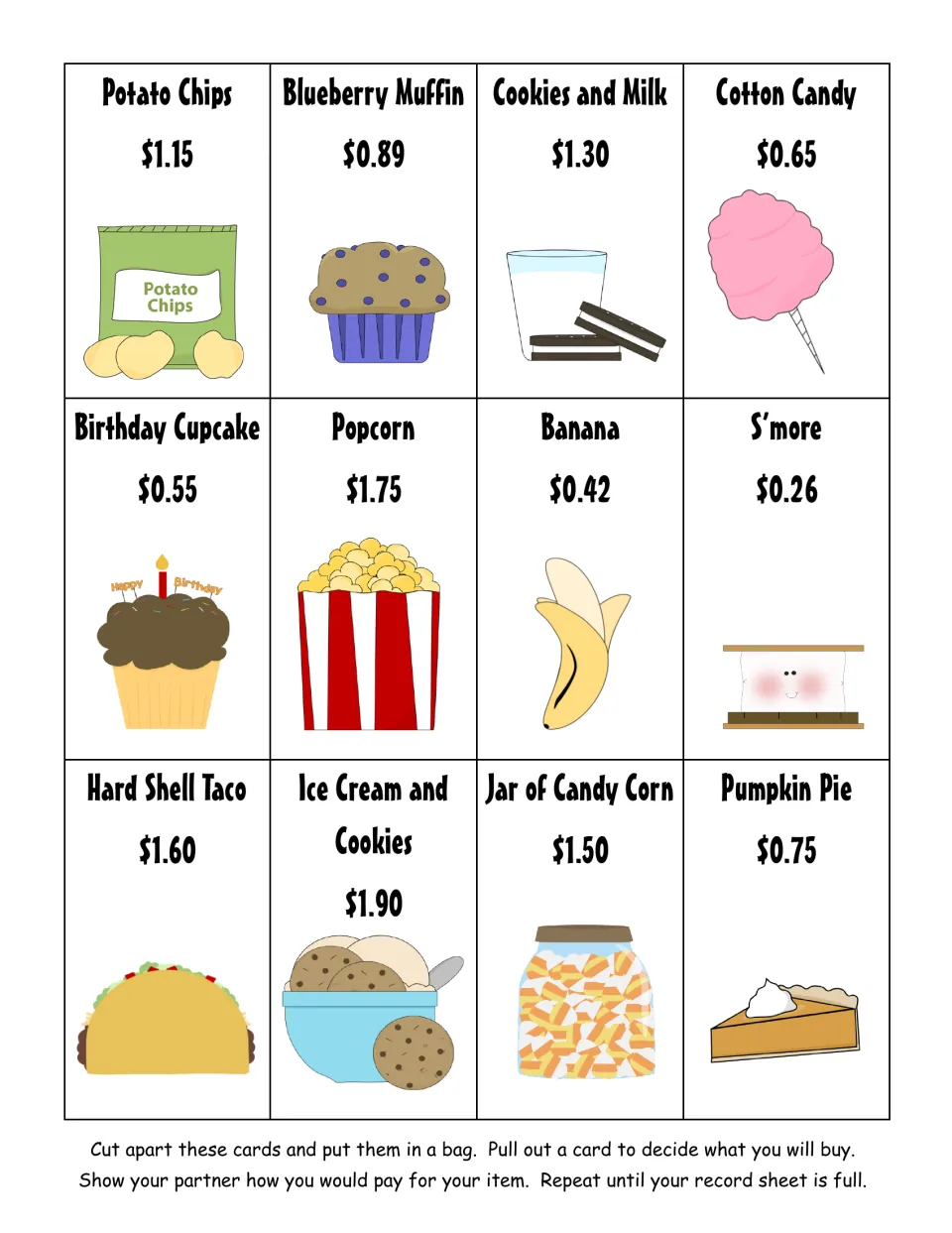 Snack price cards: 12 foods priced $0.26 to $1.90 that students cut out, draw and show a partner how to pay with coins
