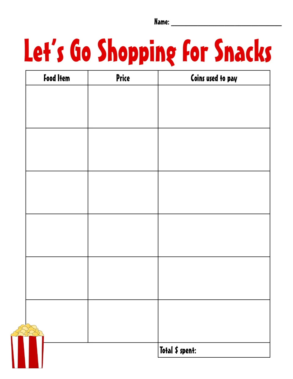 Let's Go Shopping for Snacks record sheet: students log each food item, its price and coins used, then total $ spent