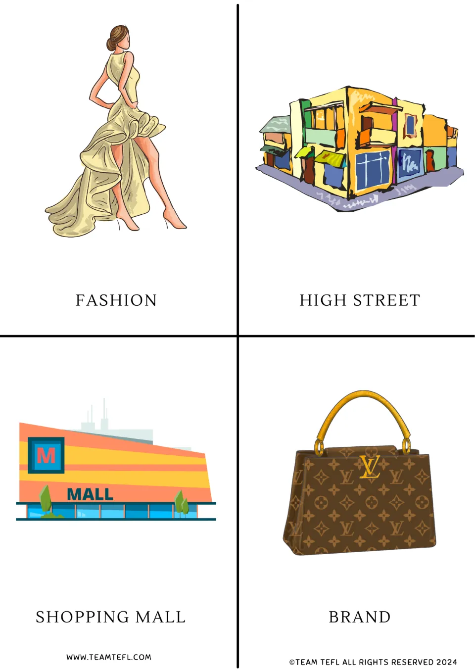 Shopping vocabulary cards 1–4: fashion, high street, shopping mall, and brand, each paired with a picture