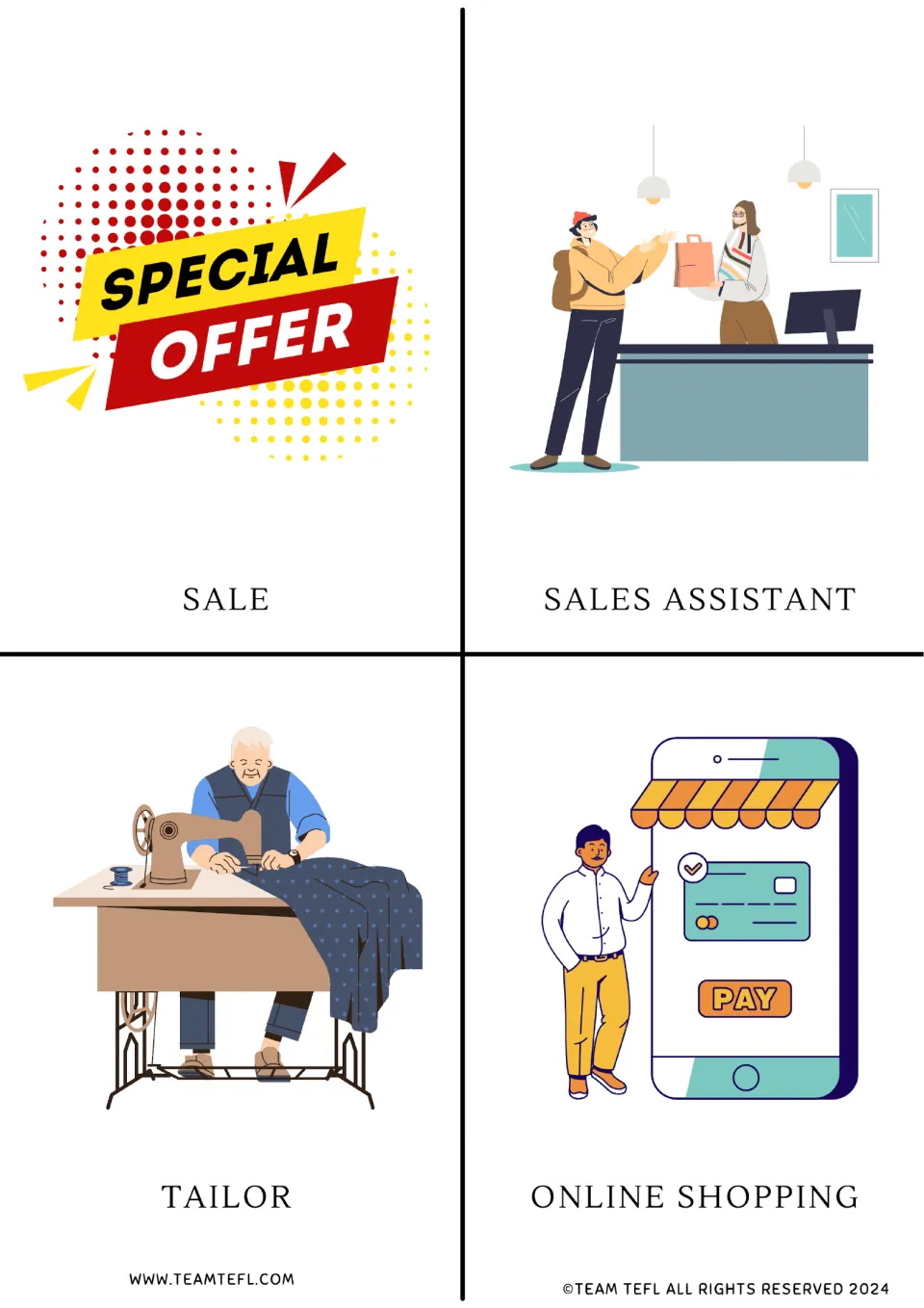 Shopping vocabulary cards 5–8: sale, sales assistant, tailor, and online shopping, each shown with a picture