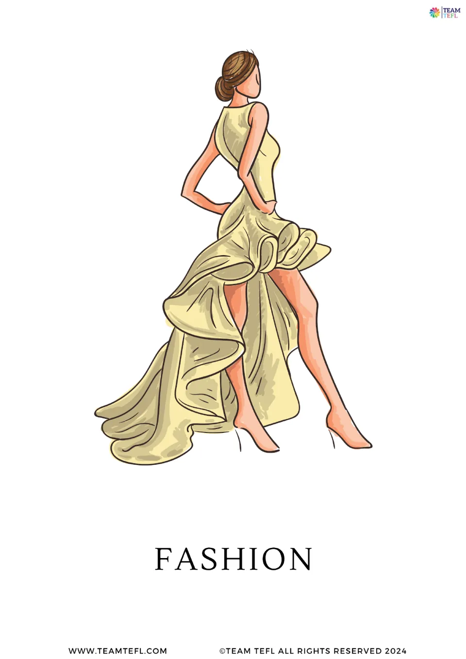 Full-page fashion vocabulary card from the shopping set, showing a woman wearing a long dress and heels