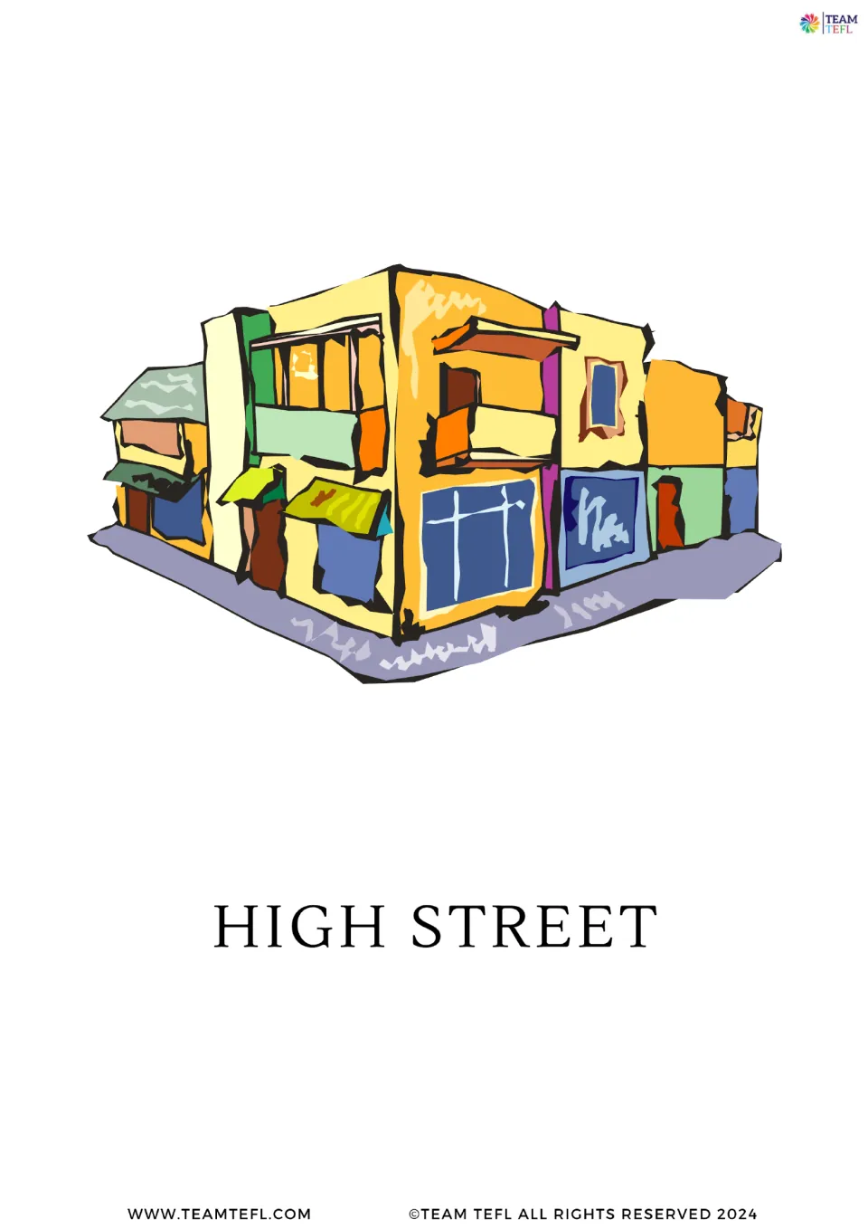 Full-page high street vocabulary card from the shopping set, showing a group of colorful storefronts