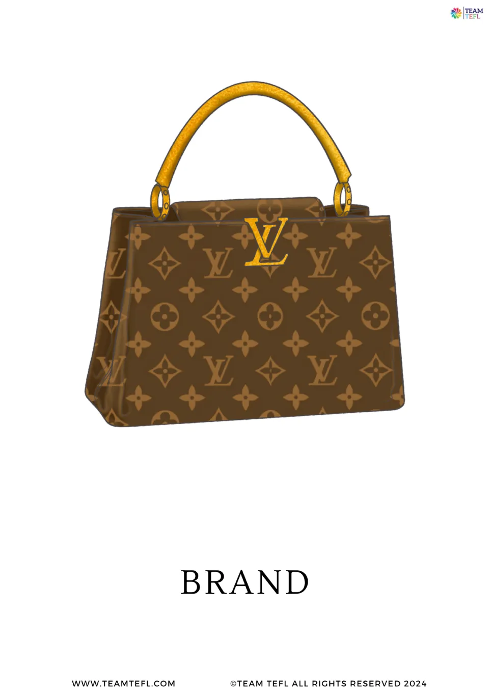 Full-page brand vocabulary card from the shopping set, showing a brown handbag patterned with LV logos