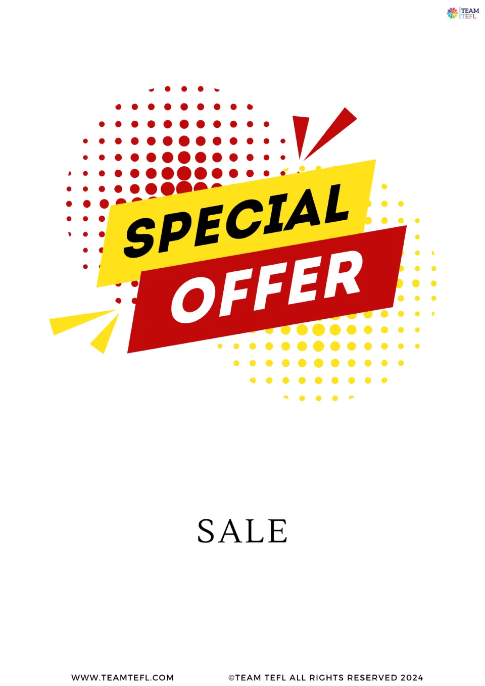 Full-page sale vocabulary card from the shopping set, showing a red and yellow sign reading SPECIAL OFFER