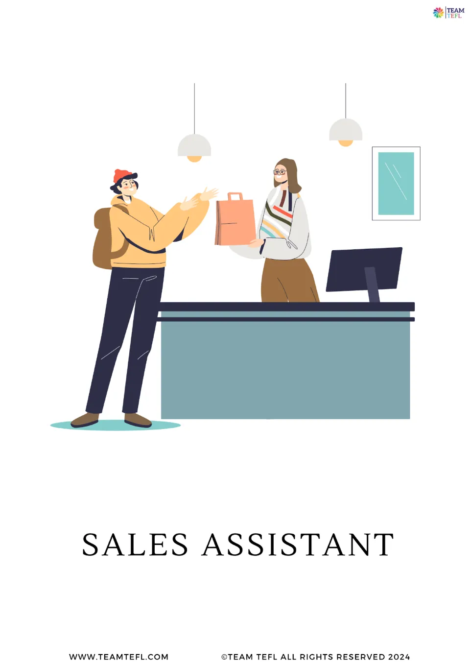Full-page sales assistant vocabulary card from the shopping set, showing a customer and worker at a counter