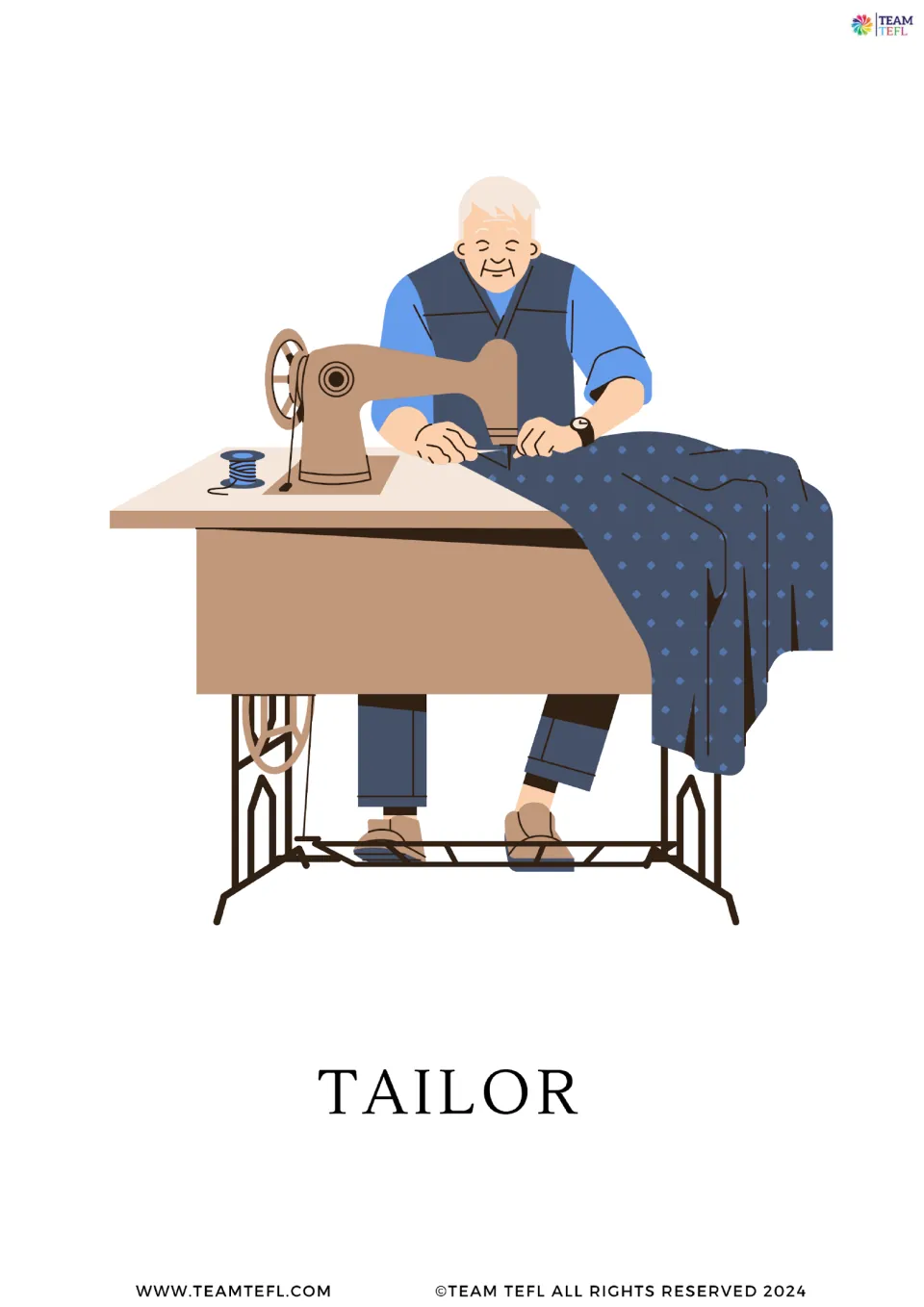 Full-page tailor vocabulary card from the shopping set, showing a person sewing fabric at a sewing machine