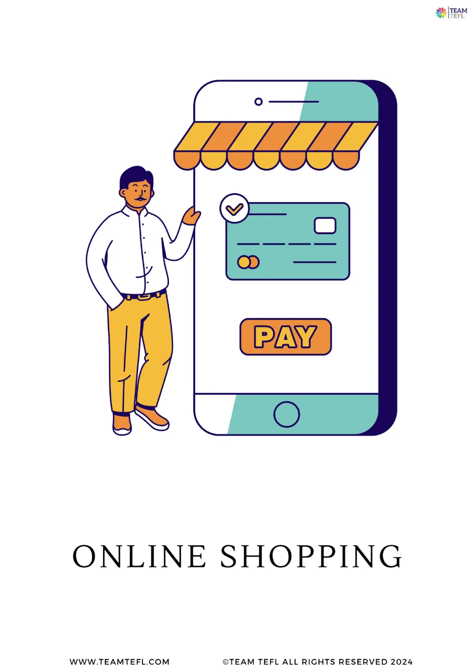 Full-page online shopping vocabulary card from the shopping set, showing a phone with a card and PAY button
