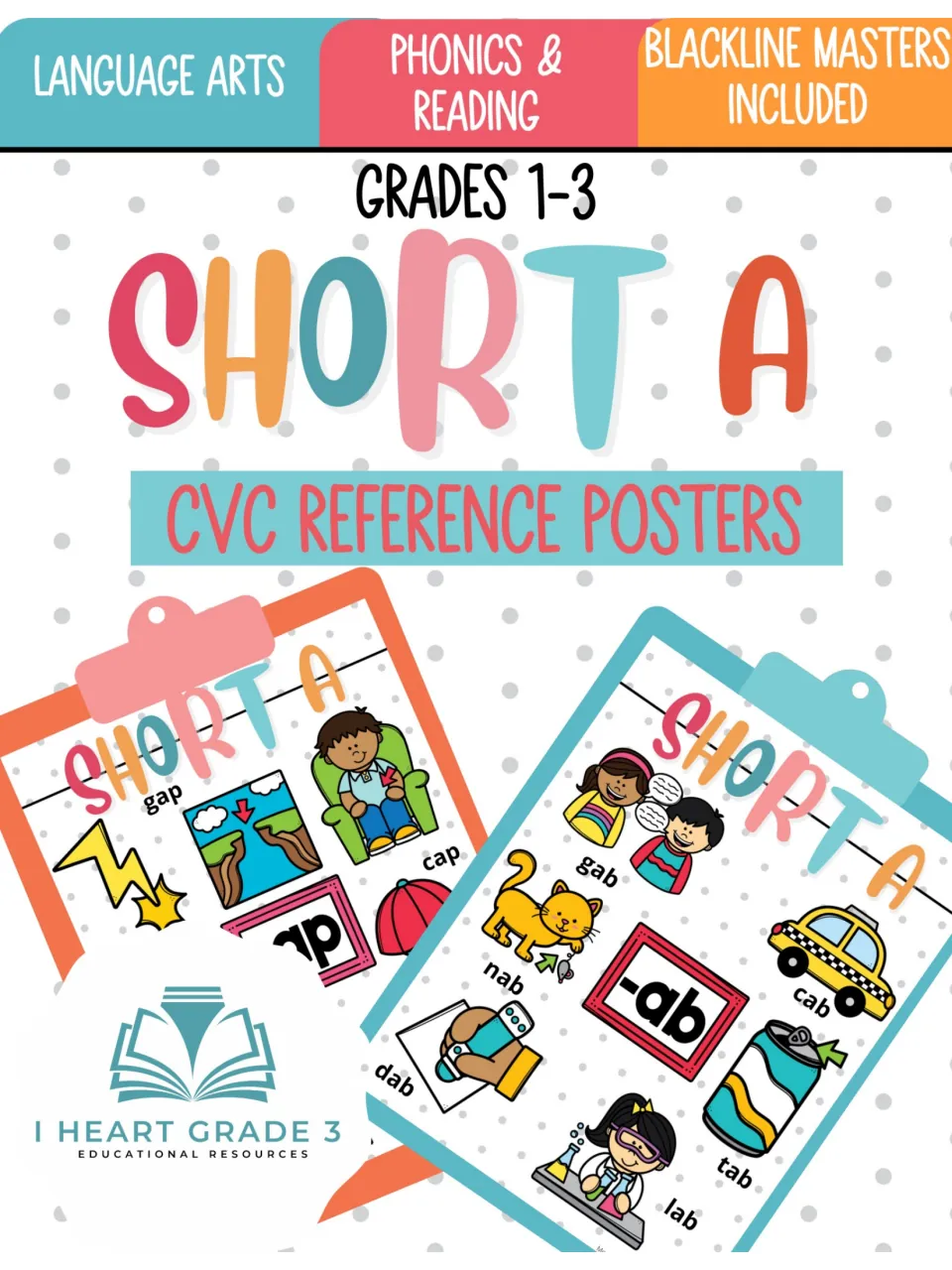Cover of Short A CVC Posters for grades 1–3, showing sample word-family posters and noting blackline masters