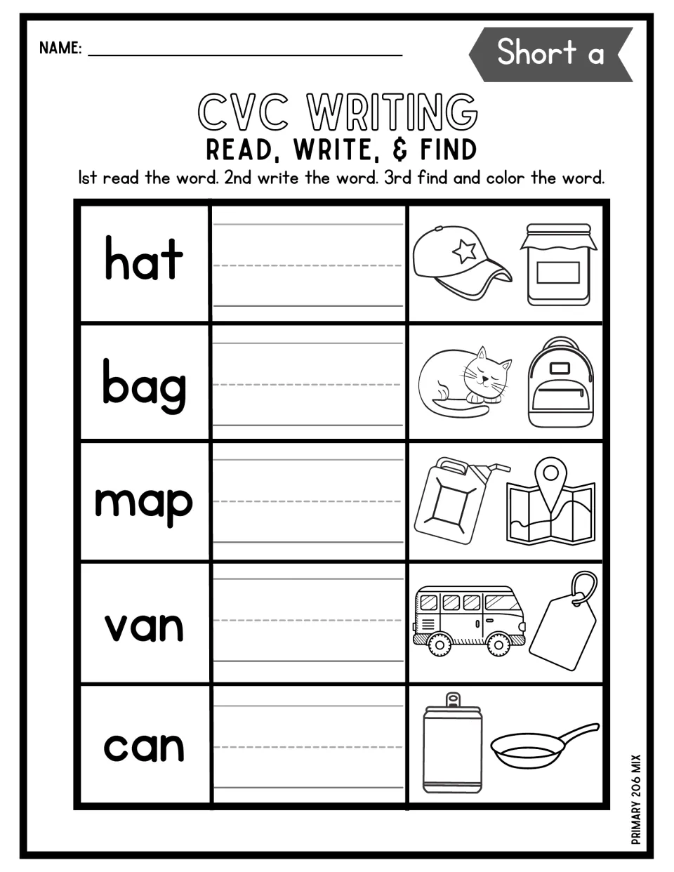 Short a CVC writing: students read hat, bag, map, van and can, write each word, then color its picture from two choices