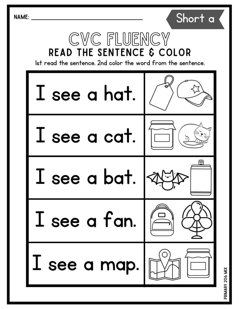 CVC fluency: students read 'I see a' sentences ending in hat, cat, bat, fan and map, then color the picture that matches