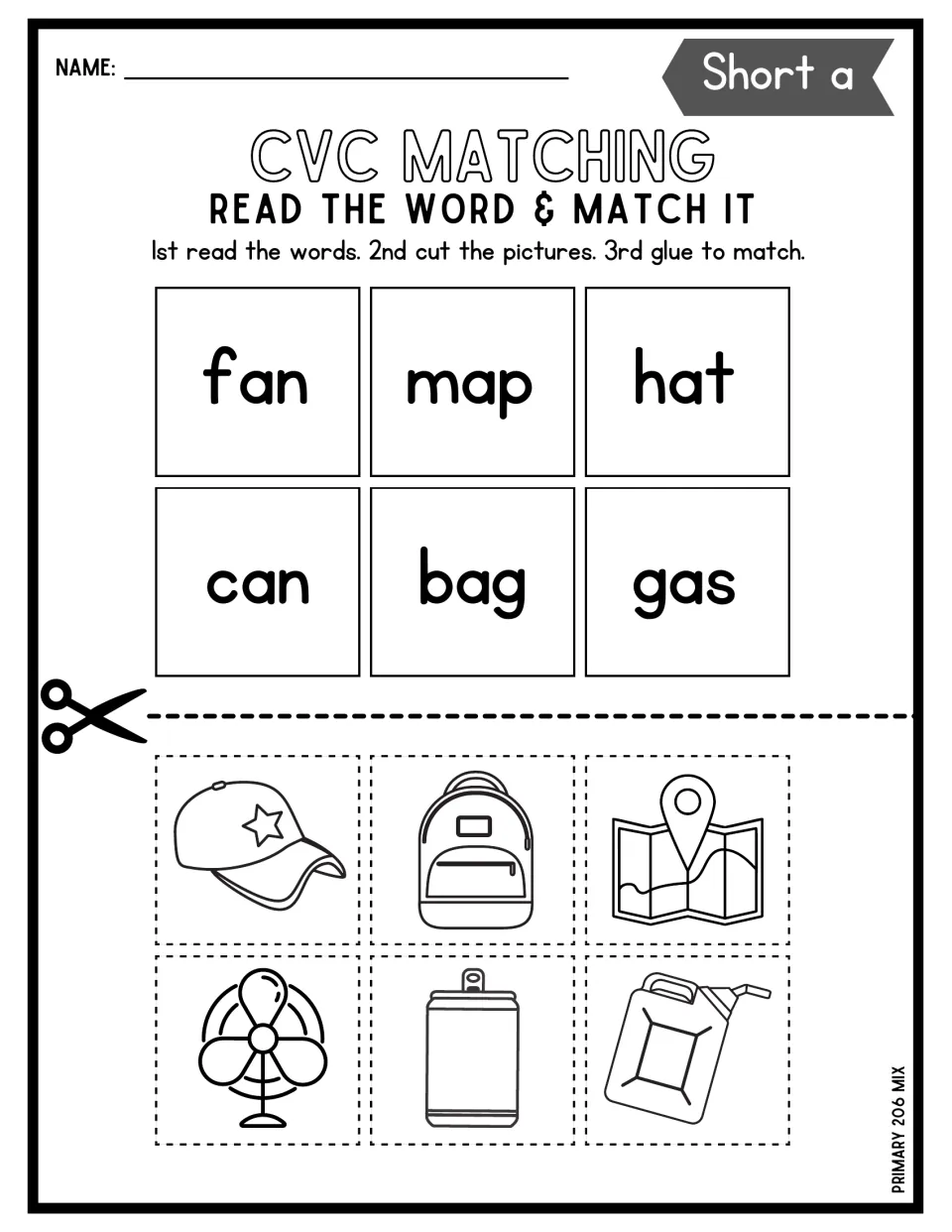 Short a matching: students cut out pictures of a cap, backpack, map, fan, can and gas can and glue them to the right word