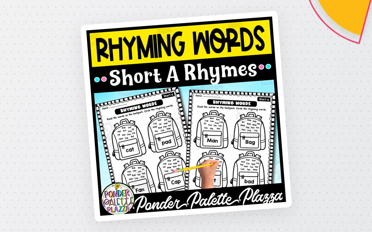 Rhyming Words Short A Rhymes cover with backpack-shaped word-group worksheets.