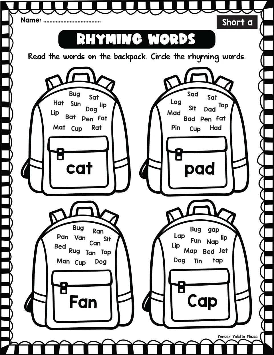 Short a rhyming words: students read words on four backpacks and circle those that rhyme with cat, pad, Fan and Cap
