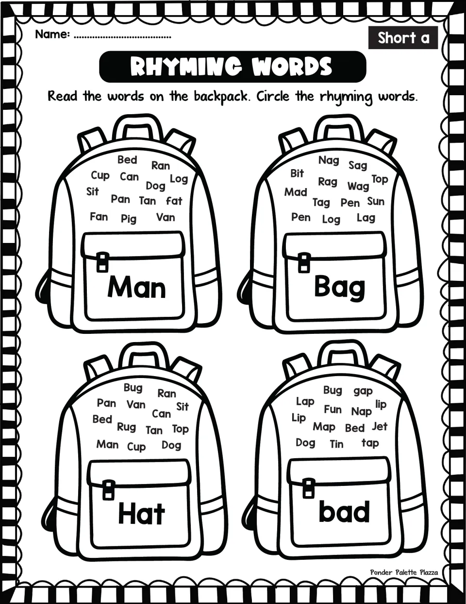 Short a rhymes with Man, Bag, Hat and bad: students circle the matching rhyming words scattered on each backpack