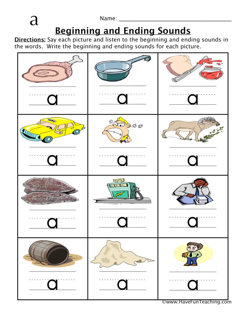 Short a sound practice: fill in beginning and ending letters for 12 pictures, including ham, pan, and jam