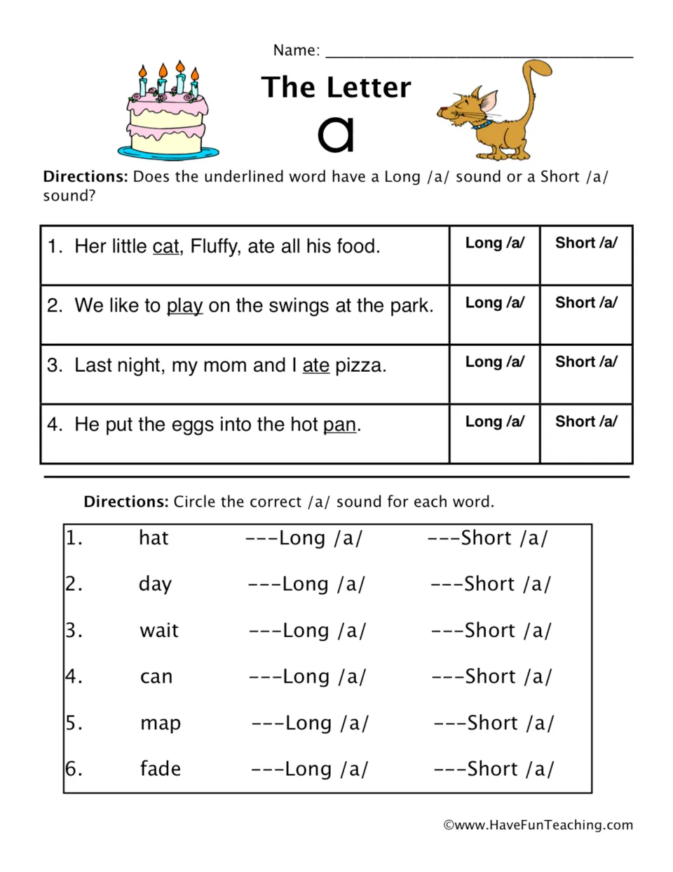 The Letter A: students mark underlined words in 4 sentences as long or short /a/, then circle the vowel sound for 6 words