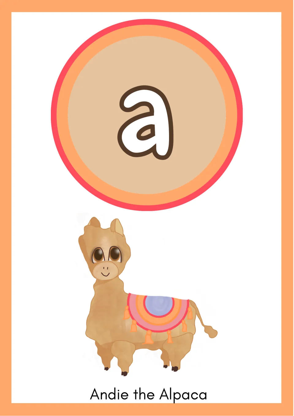 Short a flashcard: large lowercase letter a above Andie the Alpaca, a smiling cartoon alpaca wearing a blanket