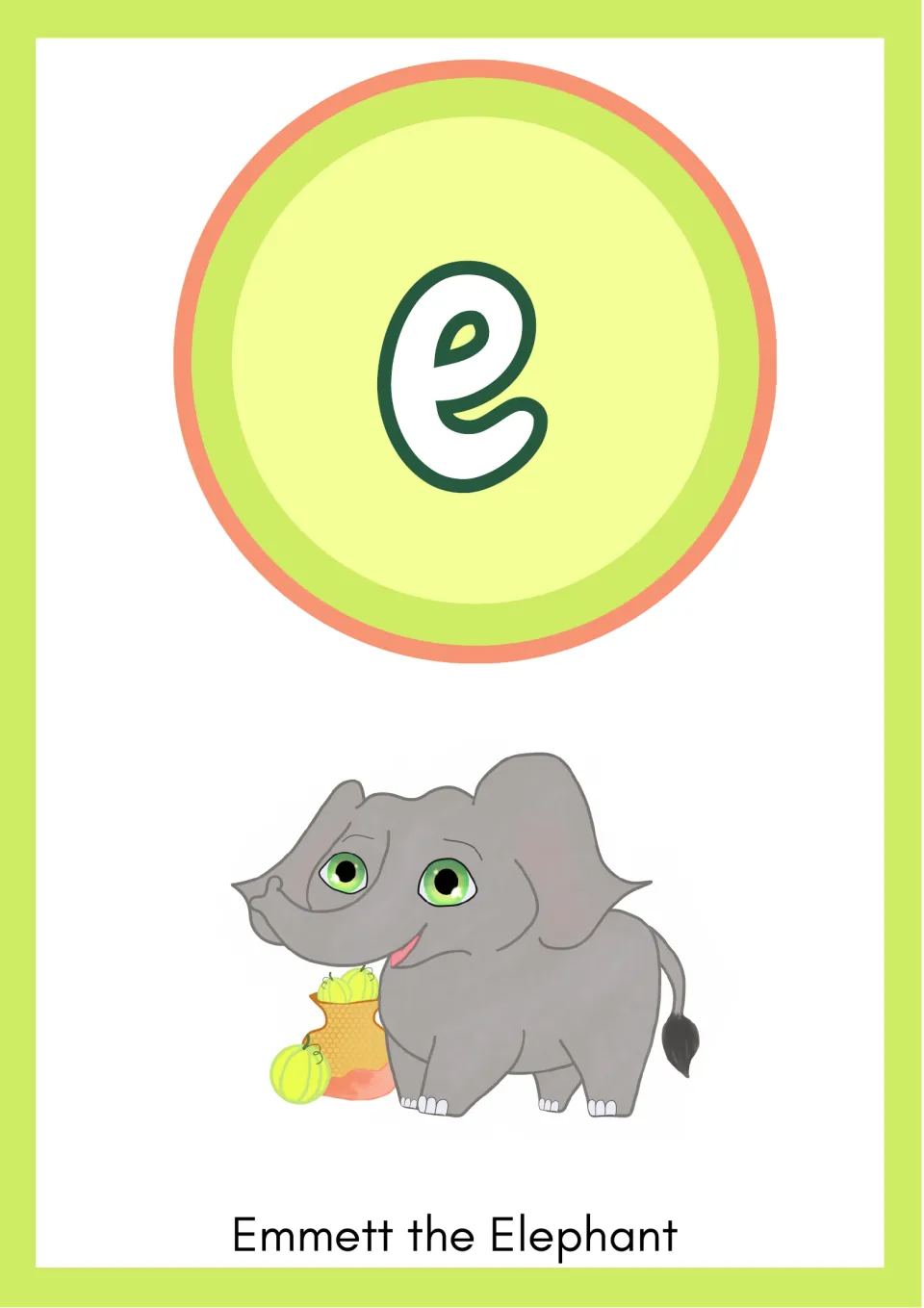 Short e flashcard: large lowercase letter e above Emmett the Elephant, a gray cartoon elephant beside a basket of fruit
