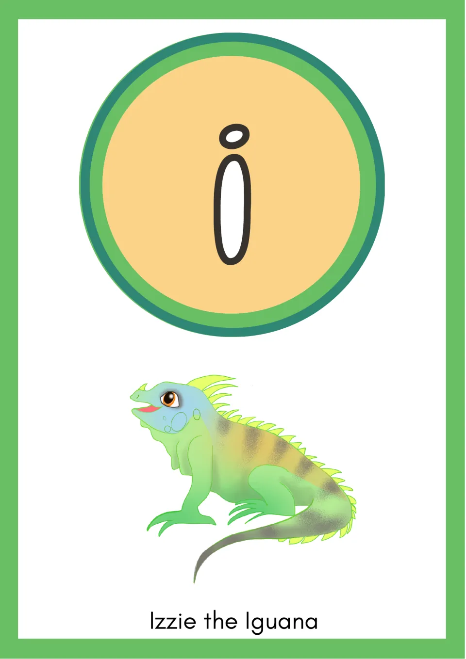 Short i flashcard: large lowercase letter i above Izzie the Iguana, a green cartoon iguana, for letter-sound recognition