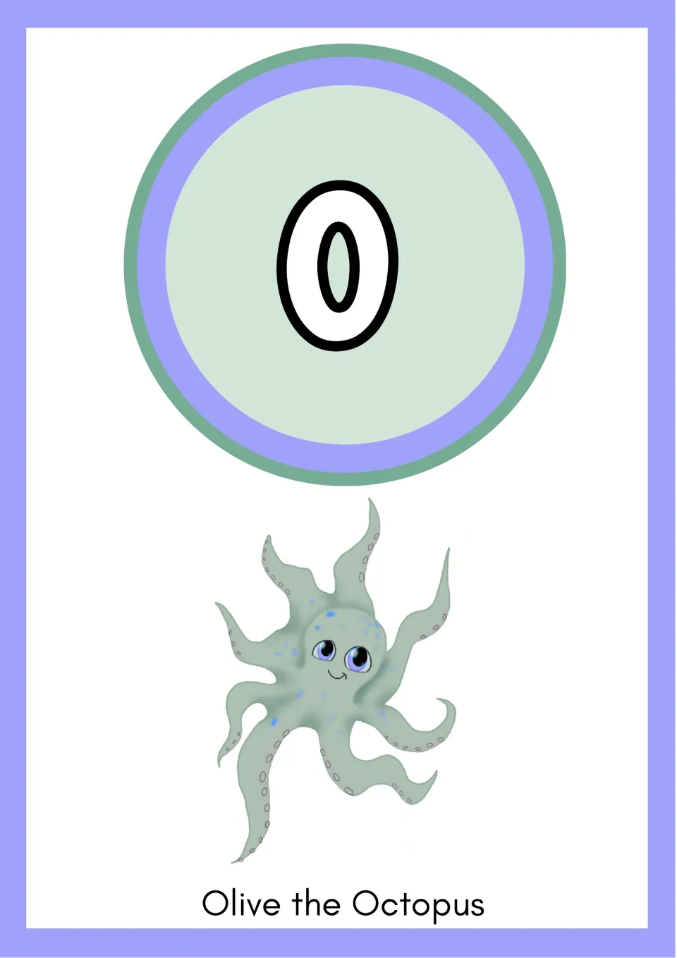 Short o flashcard: large lowercase letter o above Olive the Octopus, a smiling gray-green cartoon octopus with eight arms