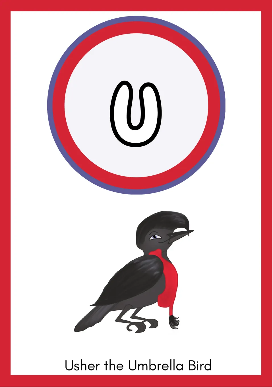 Short u flashcard: large lowercase letter u above Usher the Umbrella Bird, a black cartoon bird with a red throat