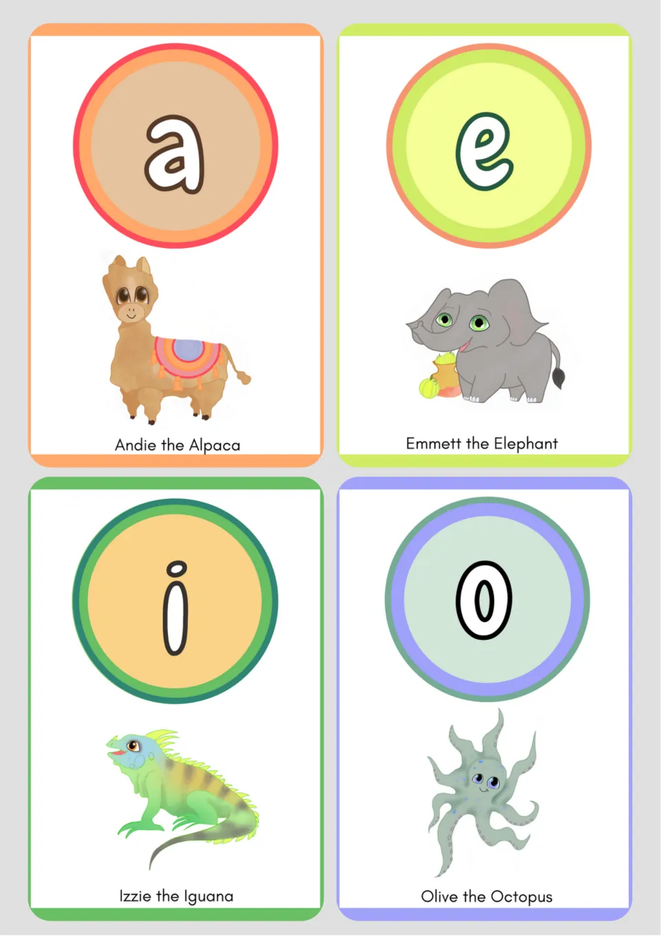 Small short vowel cards, four per sheet: a with Andie the Alpaca, e with Emmett, i with Izzie and o with Olive the Octopus
