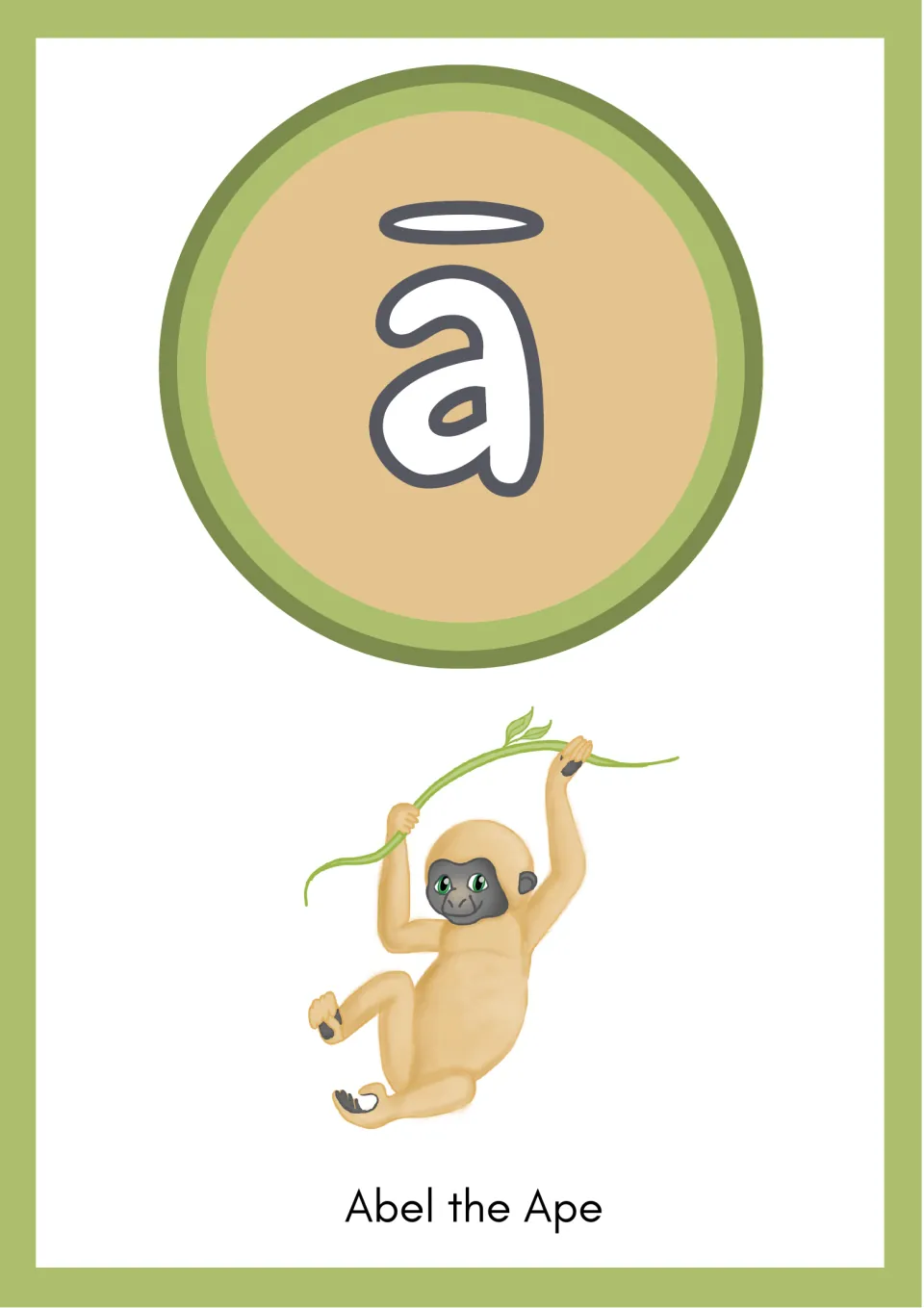 Long a flashcard: letter a with a macron above Abel the Ape, a cartoon ape swinging from a vine, for long vowel a review