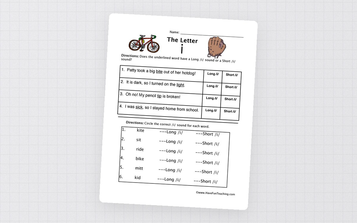 Short and Long Vowel I Worksheet teaching resource preview