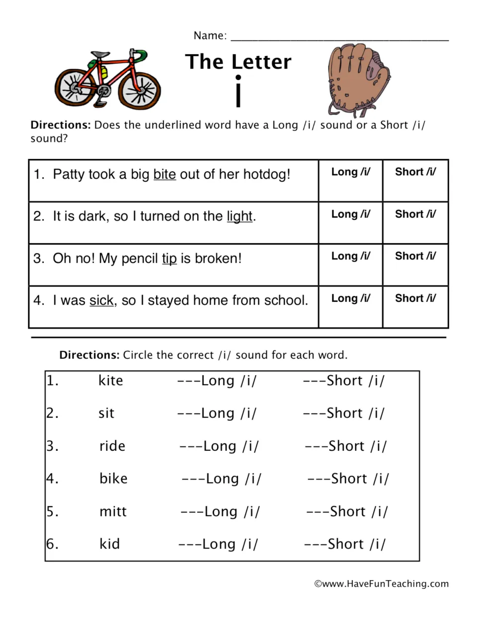 The Letter i: students mark the long or short /i/ sound of underlined words in 4 sentences and 6 words like kite and sit