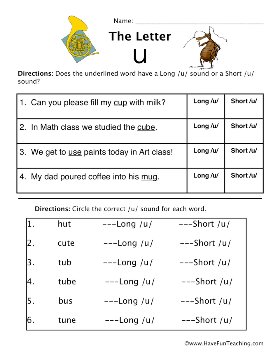 The Letter U: students choose long or short /u/ for underlined words in 4 sentences, then circle the sound for 6 words