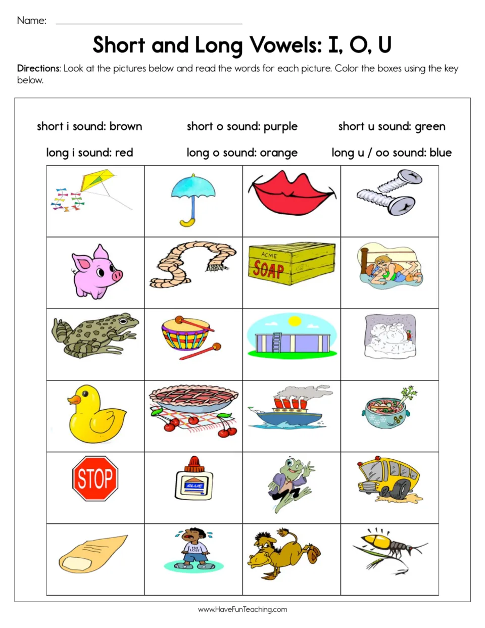 Vowel sounds i, o, u: students name 24 pictures like kite, pig and soap, then color each by its short or long vowel