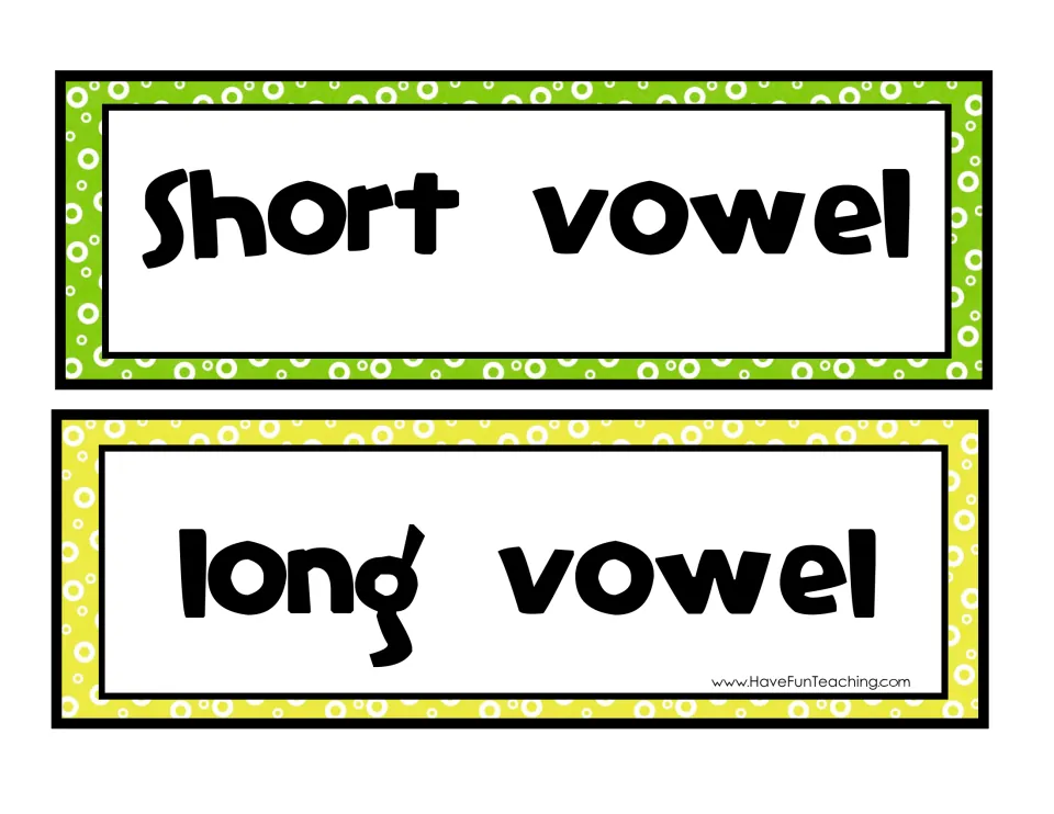 Short vowel and long vowel header cards: two labels that students sort the picture cards under to tell vowel sounds apart