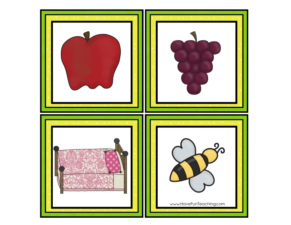 Vowel sound picture cards: apple, grapes, bed and bee for students to cut out, say aloud and sort as short or long vowel