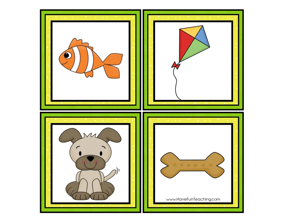 Vowel sound picture cards: fish, kite, puppy and bone for students to cut out, name and sort by short or long vowel sound