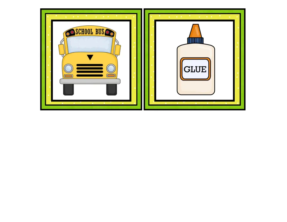 Vowel sound picture cards: school bus and glue bottle for students to cut out and sort under the short or long vowel label