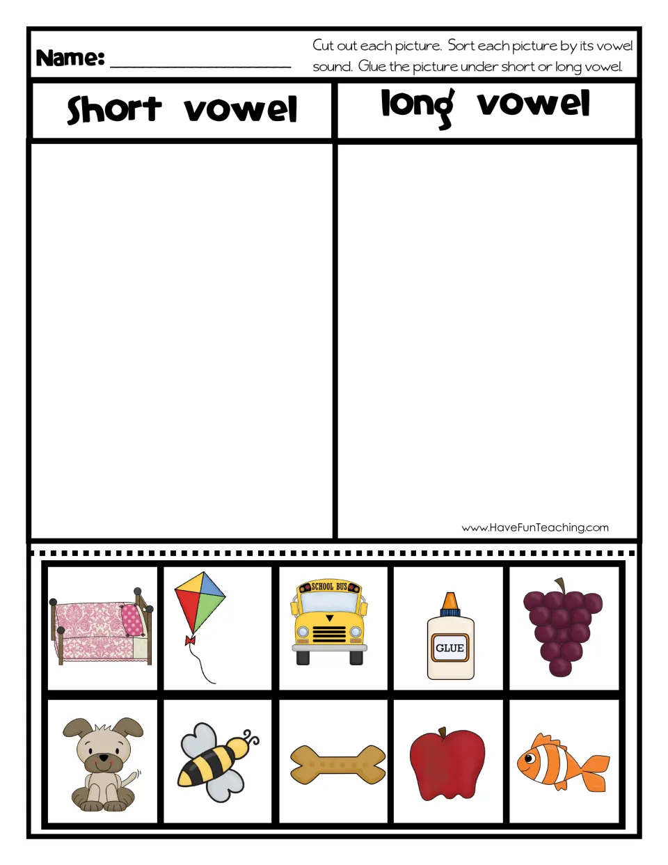 Short or long vowel cut and paste: students cut out 10 pictures such as kite, bee and apple and glue each by vowel sound