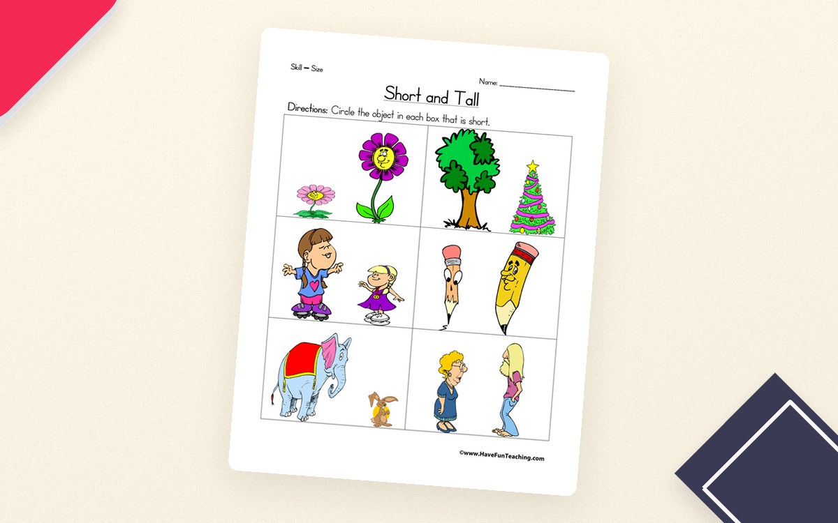 Short and Tall Worksheet preview: A single page of object-comparison boxes