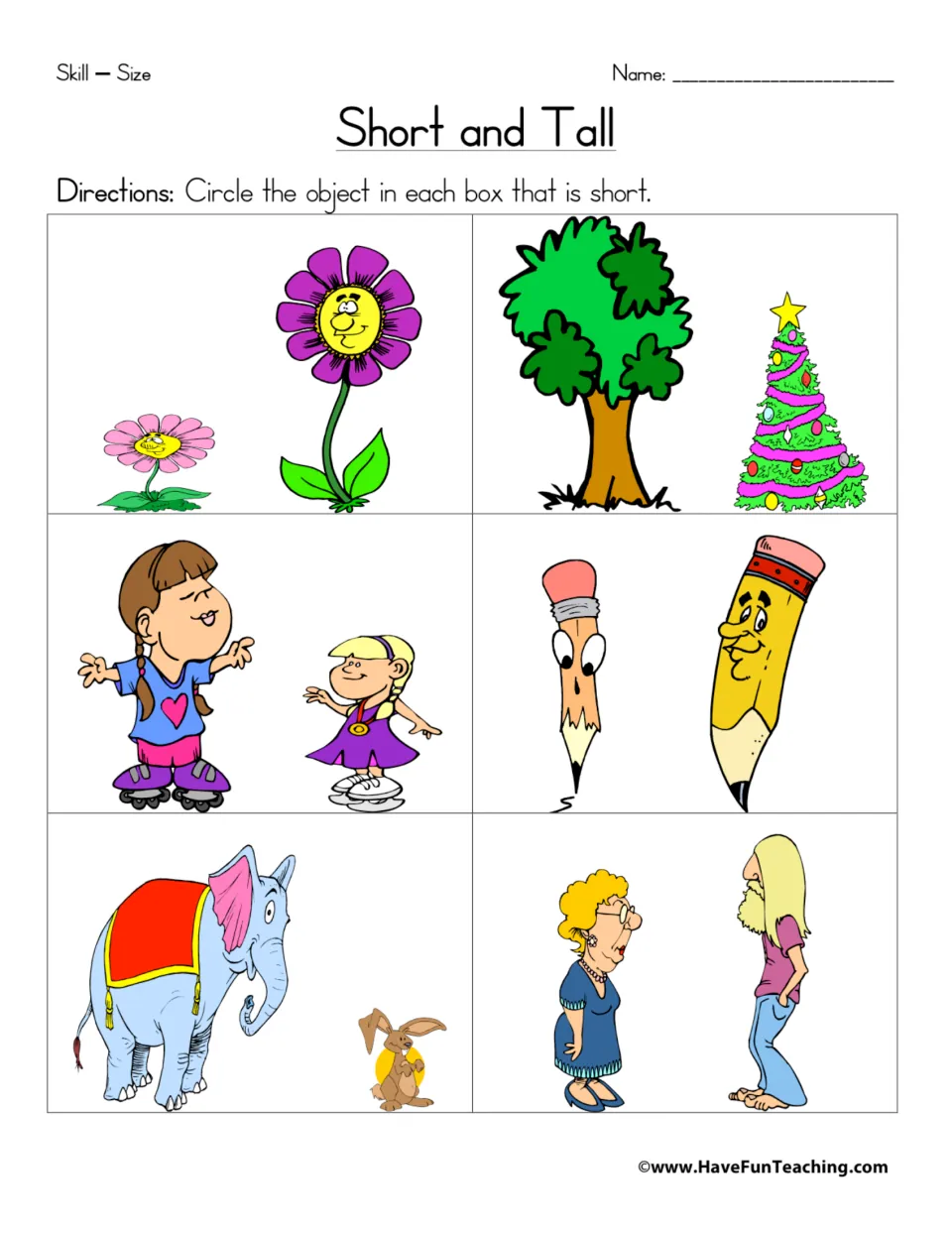 Comparing height: students circle the short one in six pairs, such as two flowers, two pencils, an elephant and a rabbit