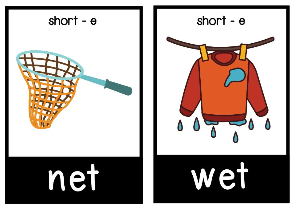 Short-e flashcards for net and wet: students read each CVC word and match it to a net and a wet sweater picture