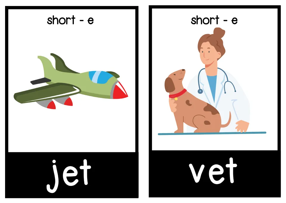 Short-e flashcards for jet and vet: students read each CVC word and match it to a jet and a vet with a dog
